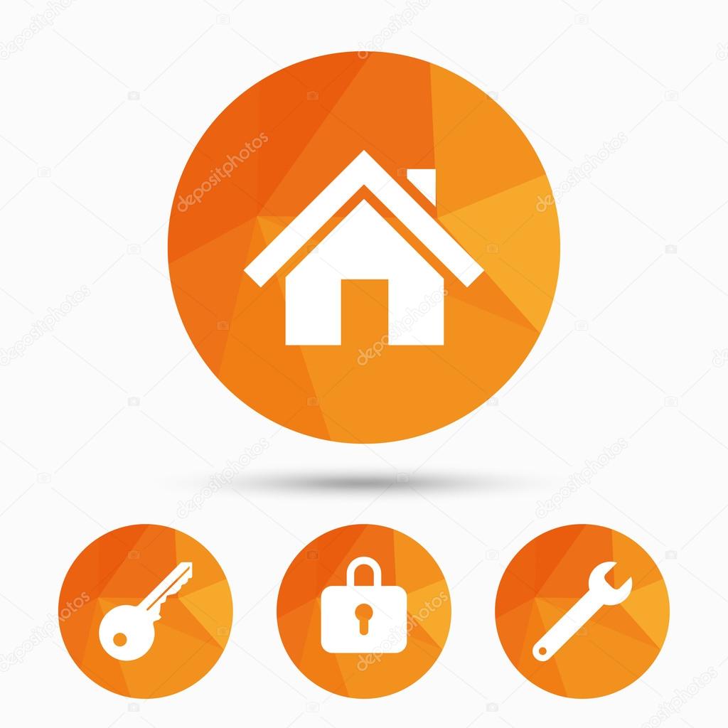 Home key icon. Wrench service tool symbol.