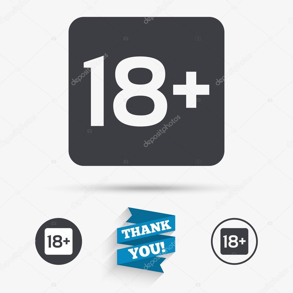18 years old sign. Adults content only icon. Flat icons. Buttons with icons. Thank you ribbon. Vector