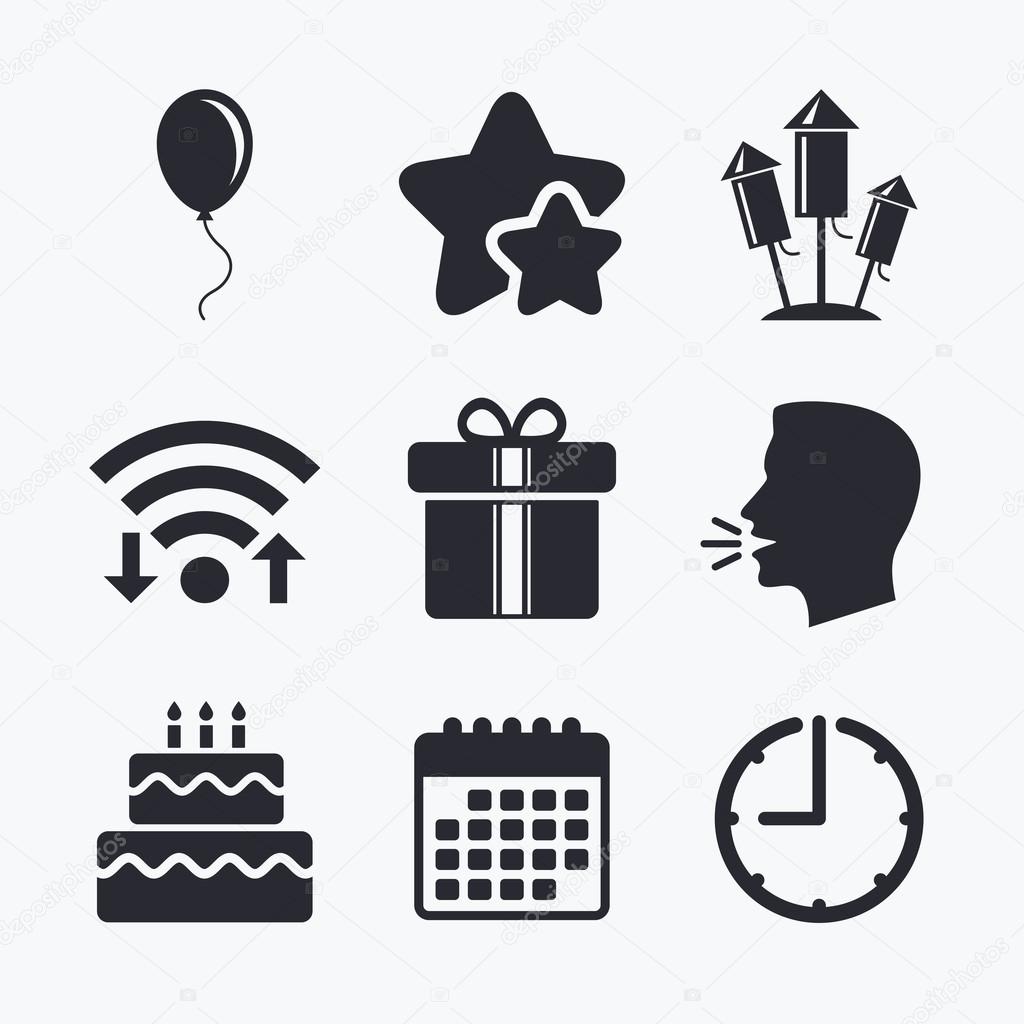 Birthday party icons. Cake and gift box symbol