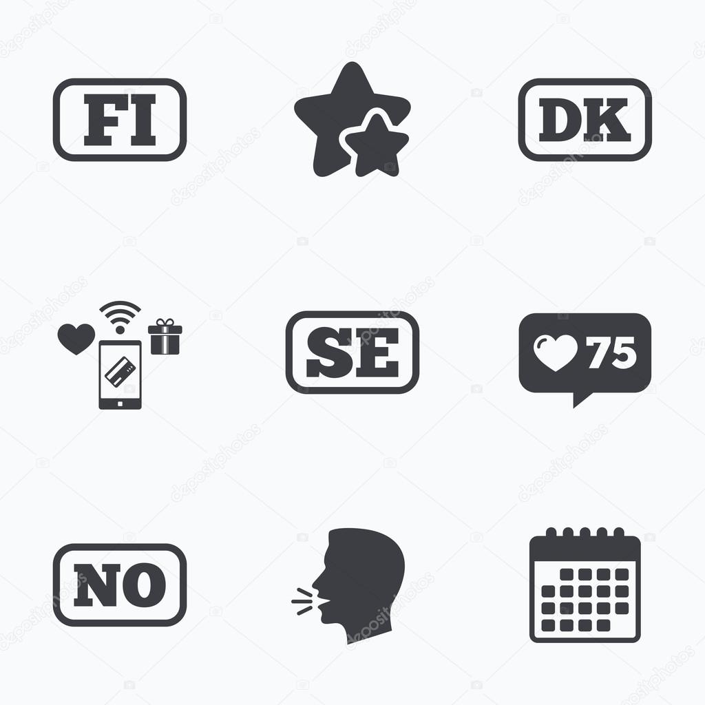 Language icons. FI, DK, SE and NO translation symbols. Finland, Denmark, Sweden and Norwegian languages. Flat talking head, calendar icons. Stars, like counter icons. Vector