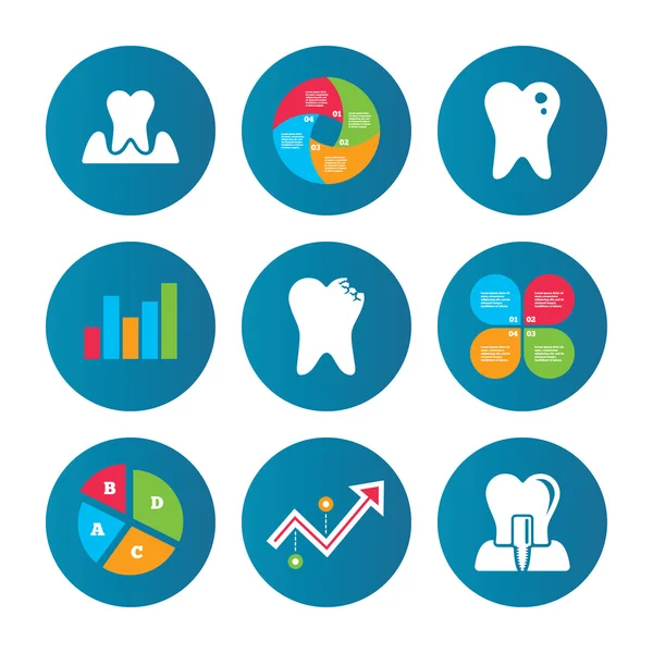 Iconos de cuidado dental. Caries dental e implante . — Vector de stock