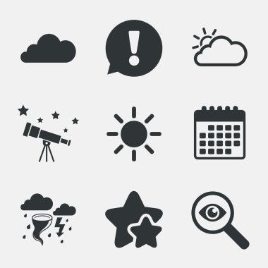 Hava simgeler. Bulut ve güneş. Fırtına sembolü.