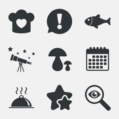 Chief hat, cooking pan icons. Fish and mushrooms. clipart