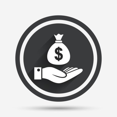 dolar ve el işareti. para çantasını Palm tutar.