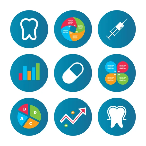 Iconos de esmalte dental. Jeringa médica y píldora . — Vector de stock