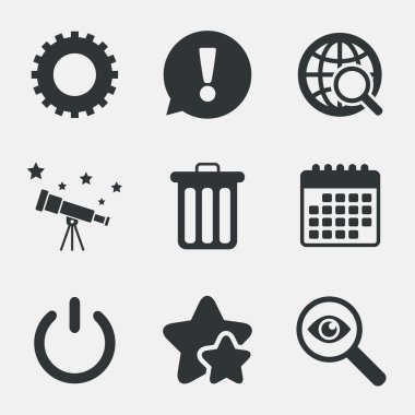 Dünya büyüteç cam ve dişli işaretleri.