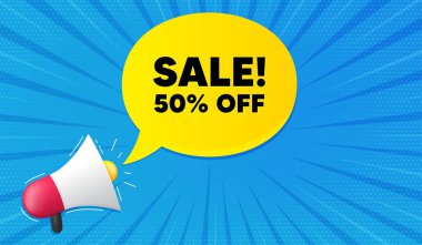 İndirim% 50. Megafonla arka plan. Promosyon fiyatı tabelası. Satış rozeti sembolü. Megafon bayrağı. Satılık konuşma balonu. Hoparlör arkaplanı. Vektör