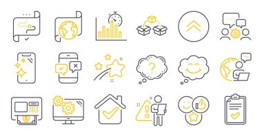 Telefon anketi, Swipe up, Mühendislik ekibi sembolleri gibi bir dizi teknoloji ikonu. Hedef yolu, akıllı telefon, ATM işaretleri. Ayarlar, çeviri servisi, soru işareti. Gülümse, Checklist. Vektör