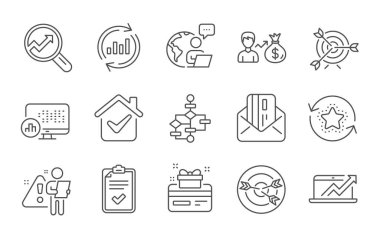 Blok diyagramı, Satış şeması ve istatistik çizgisi simgeleri ayarlandı. Sallary, Hedefleme ve Bağlılık işaretleri. Kontrol listesi, verileri güncelle ve Analitik sembolleri güncelle. Satır simgeleri ayarlandı. Vektör