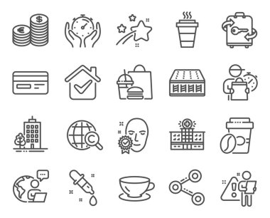 İş simgeleri ayarlandı. Zamanlayıcı simgesi, gökdelen binaları, kredi kartı tabelaları. Paylaşım, paket kahve, paket servis sembolleri. Bavul, espresso, kimya pipeti. Hastane binası. Vektör