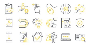 5g internet, bilgisayar faresi, Seo telefon sembolleri gibi bir dizi teknoloji simgesi. Dokunmatik ekran jesti, aşağı kaydır, mobil finans işaretleri. Kahve makinesi, geri al, sertifika. Güvenlik kalkanı. Vektör