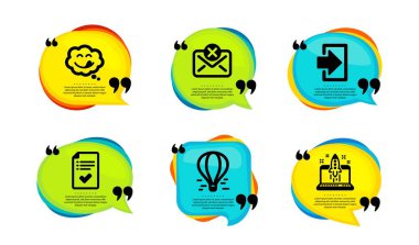 Posta reddi, giriş ve hava balonu simgeleri basit. Tırnak içinde konuşma balonu. Onaylanmış kontrol listesi, leziz gülümseme ve iş ilanları. Mektubu sil, imzala, uçuş seyahati. Vektör