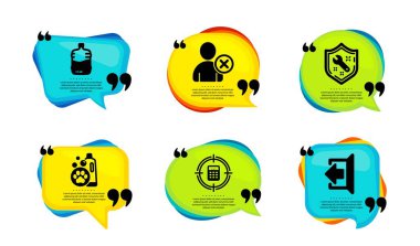 Hedef hesaplayıcı, evcil hayvan şampuanı ve anahtar simgeleri basit. Tırnak içinde konuşma balonu. Kullanıcıyı, soğutucu şişesini sil ve tabelaları imzala. Denetleme, temizlik şampuanı, onarım servisi. Vektör