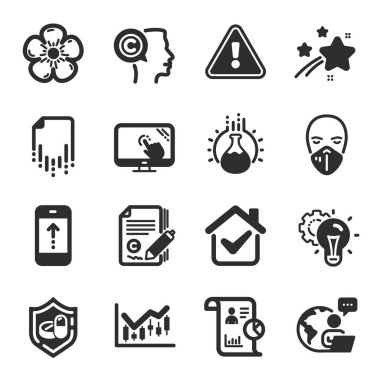Swipe up, Report, Finansal diyagram sembolleri gibi bir dizi bilim simgesi. Kimya deneyi, doğal keten, dokunmatik ekran işaretleri. Kurtarma dosyası, metin yazarlığı, tıbbi maske. Fikir teçhizatı. Vektör