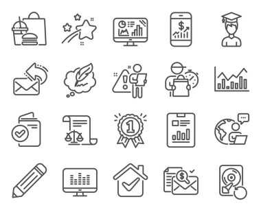 Eğitim simgeleri ayarlandı. Kalem, mobil finans, rapor belgeleri olarak simge dahil edildi. Doğrulama belgesi, Paylaşım postası, Telif Hakları sohbet simgeleri. Muhasebe raporu, ödül, kurtarma. Vektör