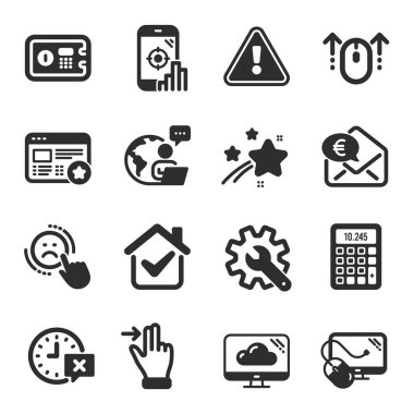 Swipe up, Euro parası, Time sembolleri gibi bir dizi teknoloji ikonu. Seo telefonu, hesap makinesi, dokunmatik ekran jest işaretleri. Favori bilgisayar faresi, kasa. Bulut depolama, hoşlanmamak. Vektör