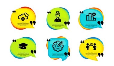 Grafik azalıyor, Doktor ve Mezuniyet Şapkası simgeleri basit. Tırnak içinde konuşma balonu. Kar havası, ekipman ayarları ve sosyal uzaklık tabelaları. Kriz çizelgesi, tıp öğrencisi, üniversite. Vektör