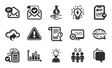 İstatistik, Rapor ve Yeni e- posta simgeleri basit ayarlar. Hesap, Diyagram Grafik ve Eğitim tabelaları. Yaratıcılık, gelir parası ve onaylanmış posta sembolleri. Düz simgeler ayarlandı. Vektör
