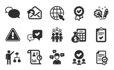 Algoritma, Onaylanmış ödül ve Kontrol Listesi simgeleri basit küme. Onaylanmış grup, Onayla ve Grup insan imzaları. Ulak, Finans hesap makinesi ve posta sembolleri gönder. Düz simgeler ayarlandı. Vektör