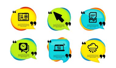 Anakart, Bozulmuş dosya ve Saat simgeleri basit seti. Tırnak içinde konuşma balonu. 5G defter, fare imleci ve bulut depolama tabelaları. Bilgisayar bileşeni, hasarlı belge, zaman. Vektör