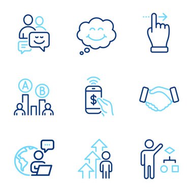 İnsan simgeleri ayarlandı. Tokalaşma, Gülümseme, Algoritma işaretleri gibi simgeleri de içeriyor. Dokunmatik ekran jesti, karın kası testi, çalışan sonuç sembolleri. İletişim, telefon ödeme hattı simgeleri. Anlaştık, çizgi roman sohbeti. Vektör
