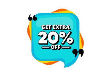 Satıştan% 20 indirim al. Tırnak içinde mavi konuşma balonu pankartı. İndirimli fiyat tabelası. Özel teklif sembolü. Yüzde 20 tasarruf ederiz. Düşünce balonu şeklinde. Vektör