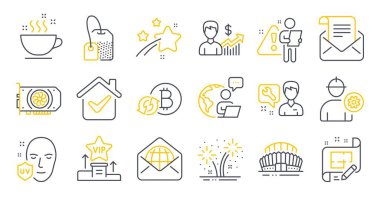 Fireworks, Refresh bitcoin, web posta sembolleri gibi satır simgeleri. Posta bülteni, mühendis, çay poşeti tabelaları. UV koruması, iş büyümesi, spor stadyumu. Mimarlık planı, Gpu. Vektör