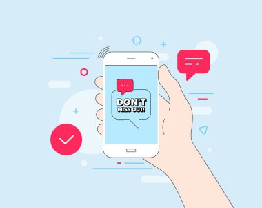 Sakın kaçırmayın. Cep telefonunda teklif mesajı var. Özel fiyat tabelası. Reklam indirimleri sembolü. Müşteri hizmetleri afişi. Rozet şeklini kaçırdım. Telefon uygulaması konuşma balonu. Vektör