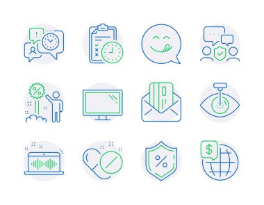 İş simgeleri ayarlandı. Tıbbi haplar, müzik yapmak, göz lazeri işaretleri gibi ikonlar da var. Monitör, kredi, zaman yönetimi sembolleri. İndirim, kredi kartı, güvenlik ajansı. Sınav zamanı. Vektör