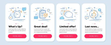 Konuşma balonu, araştırma listesi, alarmlı saat sembolleri gibi bir dizi teknoloji simgesi. Mobil ekran pankartları. Çizgi simgeleri gibi tazele. Sohbet mesajı, rapor, zaman. Başparmaklar yukarı. Vektör