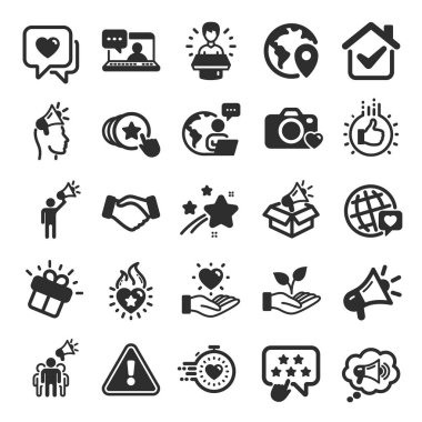 Marka büyükelçisi ikonları. İnsanları etkilemek, Megafon ve Temsilci. El sıkışma, pazarlamayı etkileyen kişi, ikonlar gibi sosyal medya. Büyükelçi. Marka halkla ilişkiler. Düz simge seti. Vektör