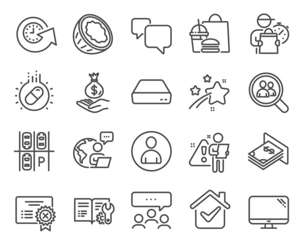 Line icons set. Included icon as Coconut, Atm money, Capsule pill signs. Avatar, Parking place, Mini pc symbols. Reject certificate, Engineering documentation, Computer. Speech bubble. Vector