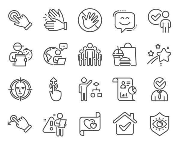 People icons set. Included icon as Smile face, Report, Algorithm signs. Love letter, Face detect, Do not touch symbols. Group, Touchscreen gesture, Drag drop. Eye protection, Swipe up. Vector