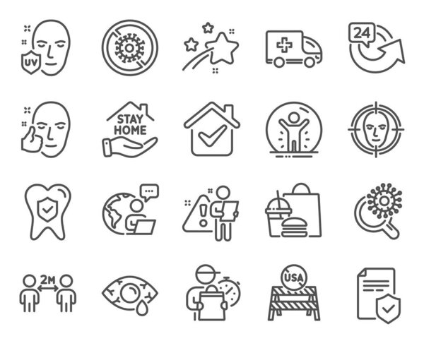 Medical icons set. Included icon as Coronavirus research, Social distancing, Face detect signs. Healthy face, Stop coronavirus, Usa close borders symbols. Stay home, Uv protection. Vector