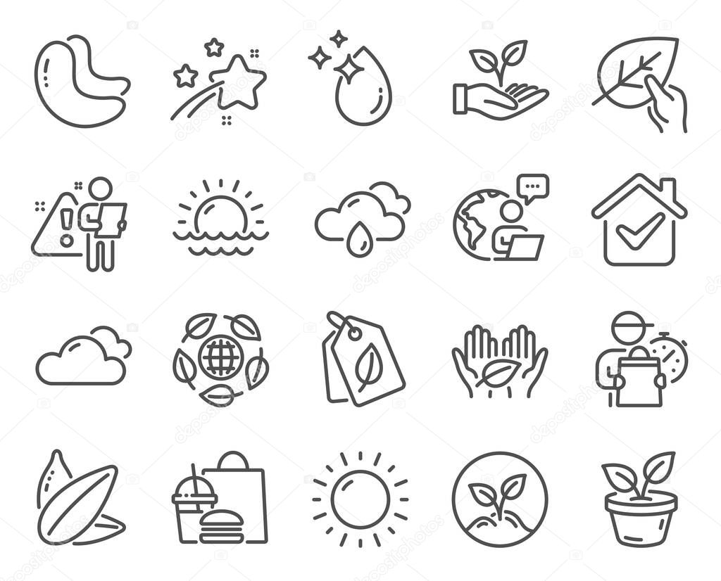 Nature icons set. Included icon as Bio tags, Startup, Sunset signs. Organic tested, Sunny weather, Fair trade symbols. Helping hand, Cloudy weather, Cashew nut. Water drop, Eco organic. Vector