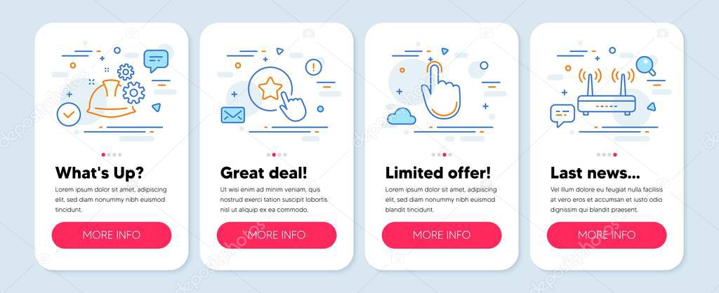 Set of Business icons, such as Loyalty star, Hand click, Working process symbols. Mobile app mockup banners. Wifi line icons. Bonus reward, Location pointer, Engineer helmet. Internet router. Vector