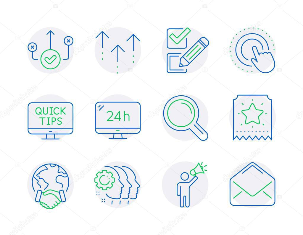 Technology icons set. Included icon as Loyalty ticket, Global business, Checkbox signs. Swipe up, Research, 24h service symbols. Web tutorials, Brand ambassador, Click hand. Correct way. Vector