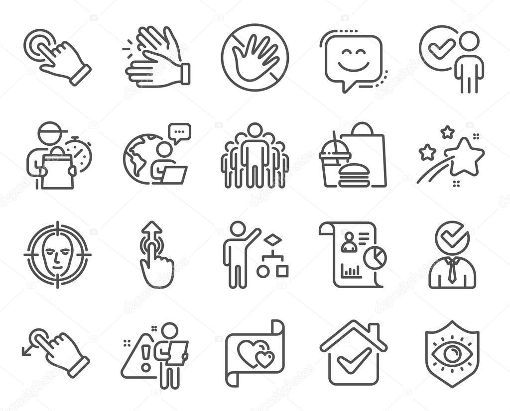 People icons set. Included icon as Smile face, Report, Algorithm signs. Love letter, Face detect, Do not touch symbols. Group, Touchscreen gesture, Drag drop. Eye protection, Swipe up. Vector