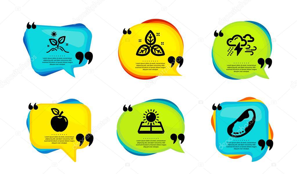 Bad weather, Sun energy and Apple icons simple set. Speech bubble with quotes. Fair trade, Grow plant and Brazil nut signs. Clouds, Solar panels, Fruit. Leaf, Leaves, Vegetarian. Nature set. Vector