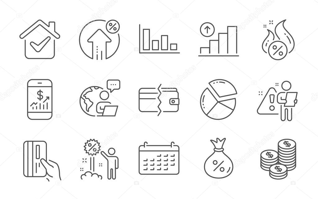 Loan, Hot loan and Graph chart line icons set. Payment methods, Payment card and Discount signs. Coins, Pie chart and Mobile finance symbols. Histogram, Calendar. Money bag, Discount offer. Vector