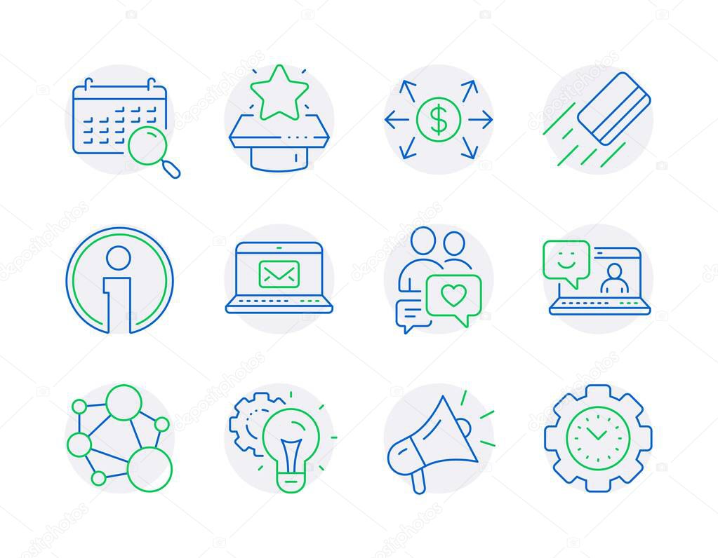 Technology icons set. Included icon as Smile, Dollar exchange, Search calendar signs. E-mail, Credit card, Info symbols. Integrity, Winner podium, Idea gear. Dating chat, Megaphone. Vector