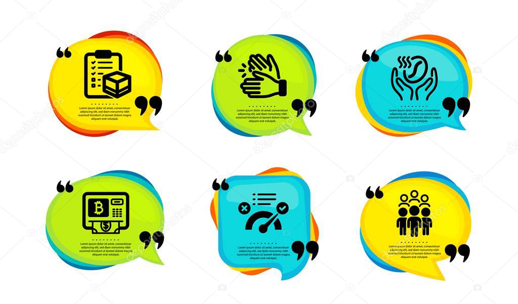 Correct answer, Coffee and Bitcoin atm icons simple set. Speech bubble with quotes. Parcel checklist, Clapping hands and Group people signs. Approved, Roasted bean, Cryptocurrency change. Vector