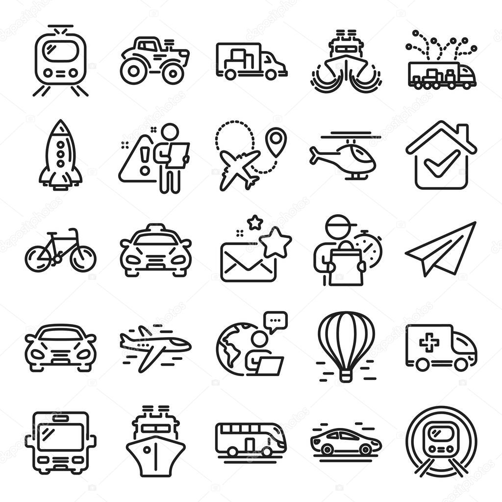 Transport line icons. Taxi, Helicopter and subway train icons. Truck car, Tram and Air balloon transport. Bike, Airport airplane and Ship, subway. Travel bus, ambulance car, paper airplane. Vector