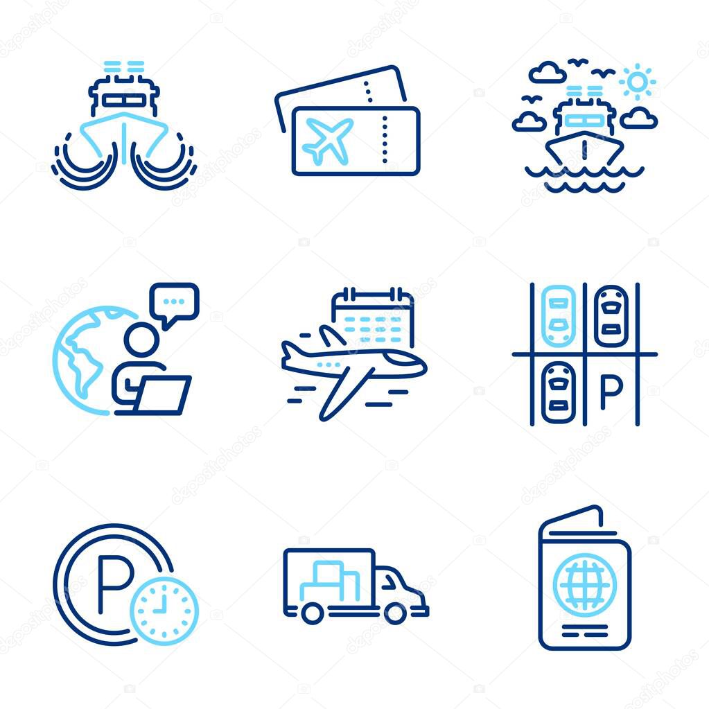 Transportation icons set. Included icon as Parking place, Select flight, Ship travel signs. Passport, Boarding pass, Parking time symbols. Truck transport, Ship line icons. Line icons set. Vector