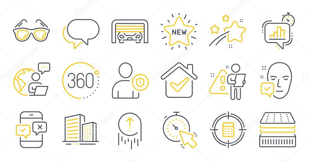 Set of Business icons, such as Phone survey, Security, New star symbols. Talk bubble, 360 degrees, Buildings signs. Parking garage, Calculator target, Timer. Statistics timer, Sunglasses. Vector