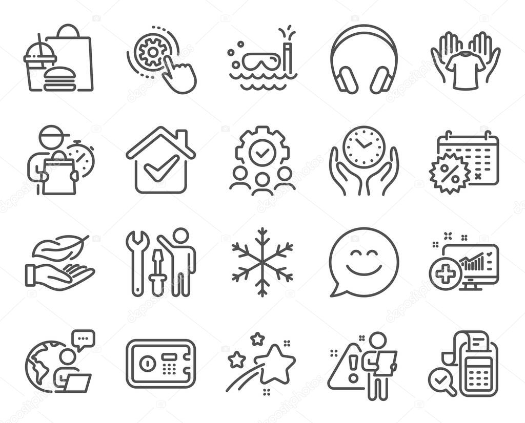 Business icons set. Included icon as Safe box, Headphones, Cogwheel settings signs. Lightweight, Bill accounting, Hold t-shirt symbols. Snowflake, Calendar discounts, Teamwork. Safe time. Vector