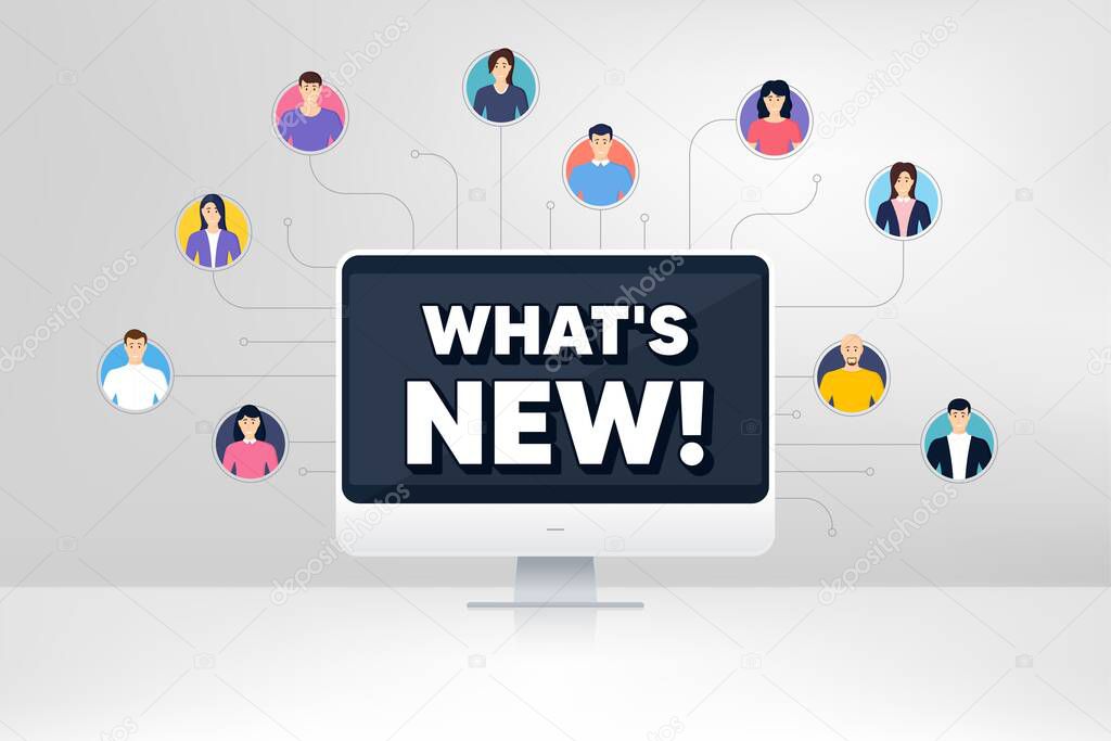 Whats new symbol. Remote team work conference. Special offer sign. New arrivals symbol. Online remote learning. Virtual video conference. Whats new message. Vector