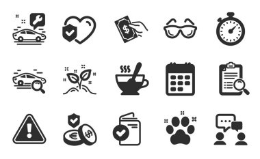 Arama analizi, Startup konsepti ve sohbet simgeleri seti. Araba servisi, çay fincanı ve gözlük tabelaları. Tasarruf sigortası, para ödemek ve araba sembollerini aramak. Düz simgeler ayarlandı. Vektör