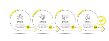 Eco energy, Change card and Augmented reality line icons set. Timeline process infograph. Contactless payment sign. Lightbulb, Payment method, Virtual reality. Technology set. Vector clipart