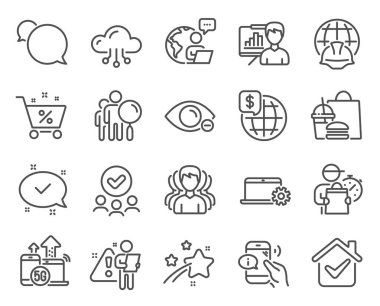 İş simgeleri ayarlandı. Grup olarak simge, Küresel mühendislik, miyop işaretleri. Defter servisi, sunum tahtası, onaylanmış grup sembolleri. Çağrı merkezi, Onaylandı, Arama Merkezi. Haberci. Vektör